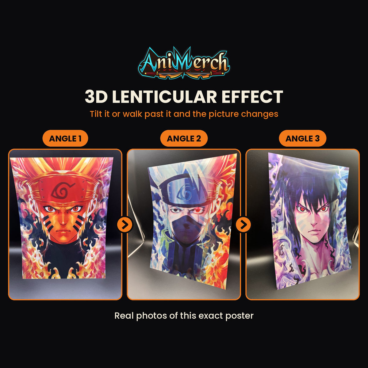Naruto 3D Lenticular Poster #1 shown at three angles, the picture changing as it tilts