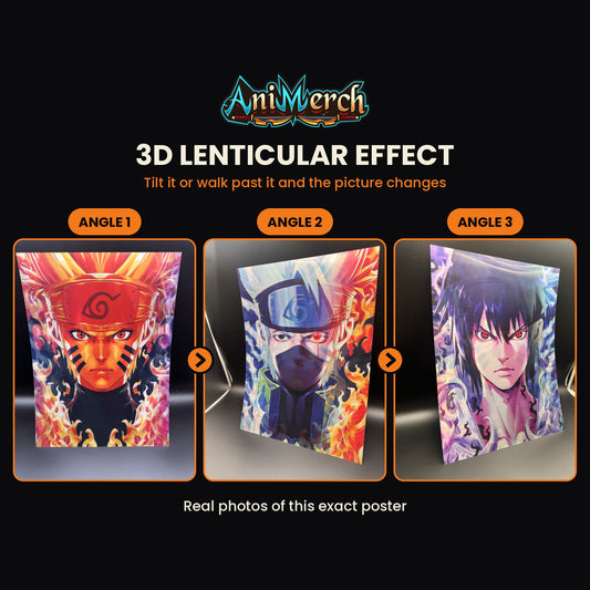 Naruto 3D Lenticular Poster #1 shown at three angles, the picture changing as it tilts