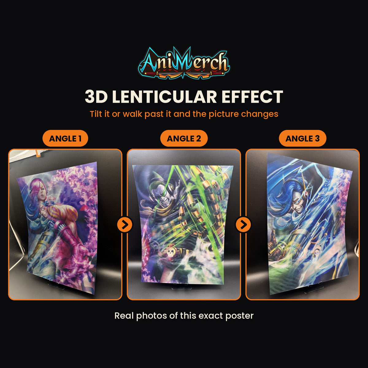 One Piece 3D Lenticular Poster #10 shown at three angles, the picture changing as it tilts
