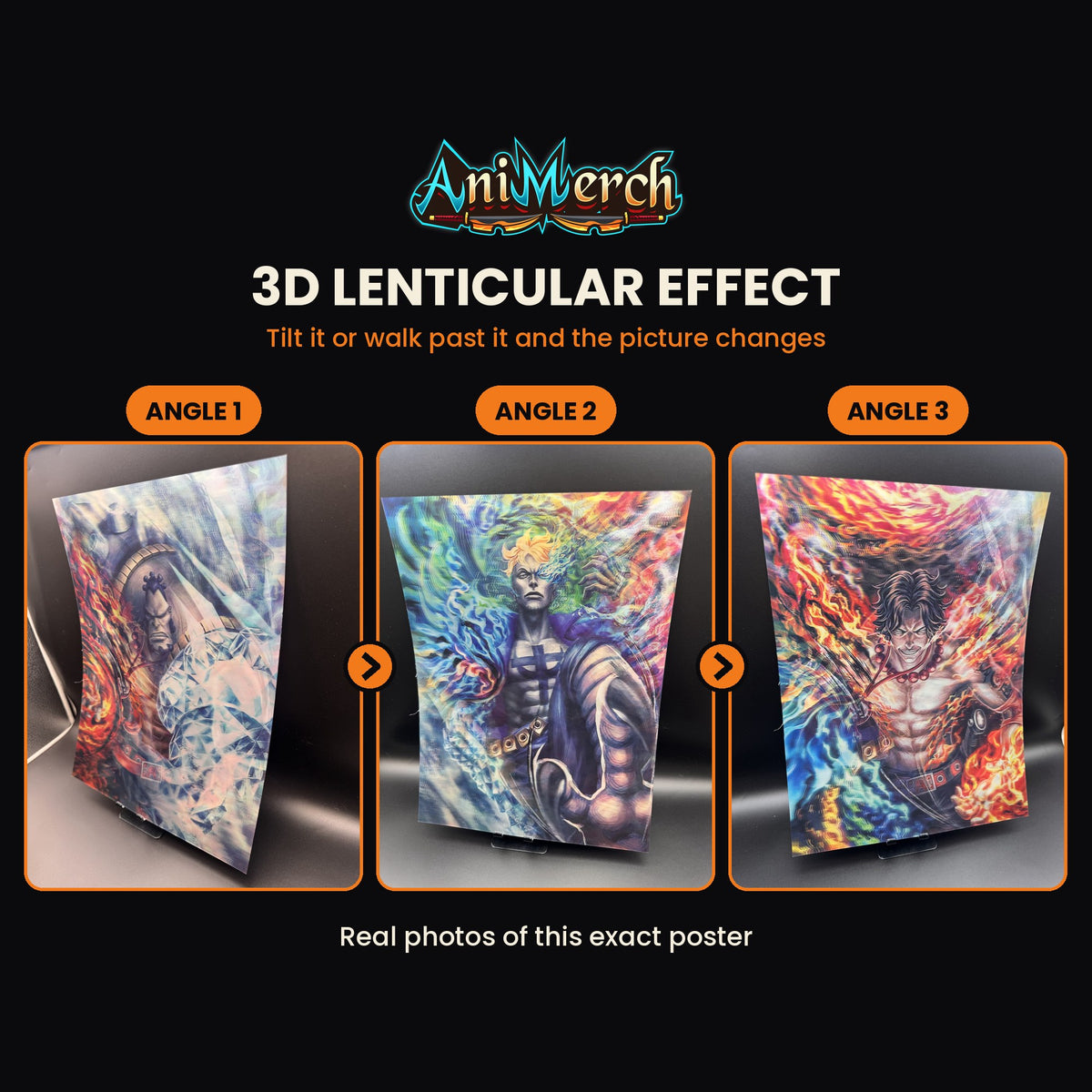 One Piece 3D Lenticular Poster #11 shown at three angles, the picture changing as it tilts