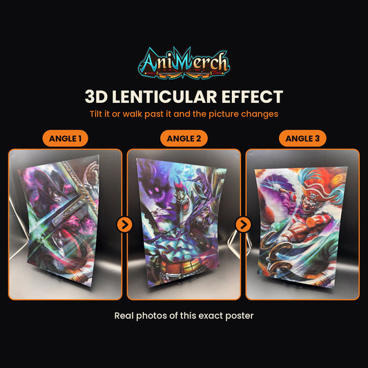 One Piece 3D Lenticular Poster #14 shown at three angles, the picture changing as it tilts