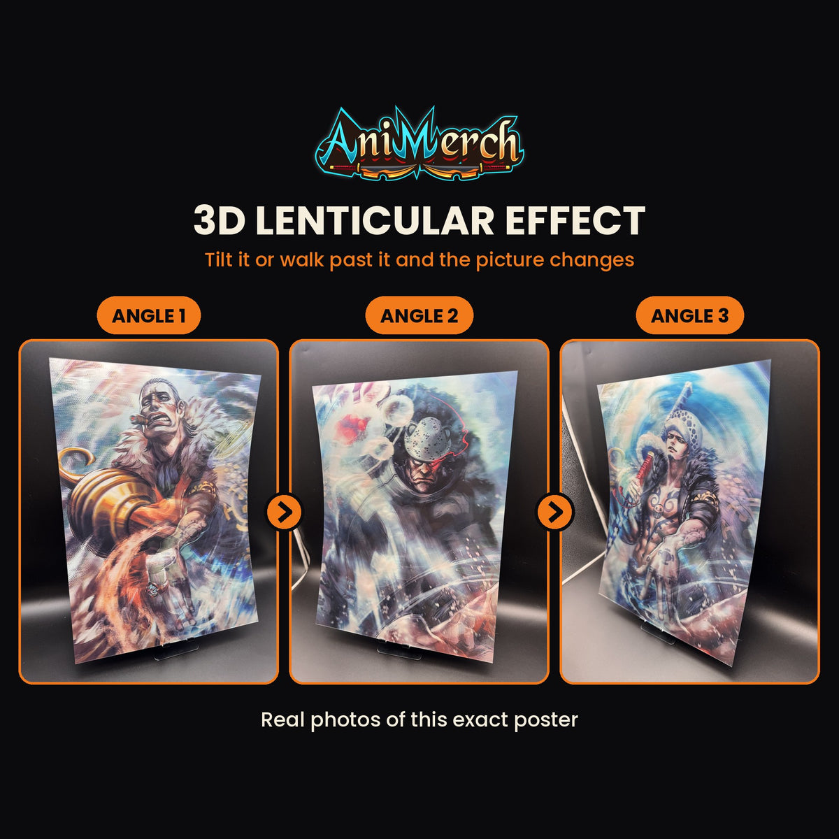 One Piece 3D Lenticular Poster #15 shown at three angles, the picture changing as it tilts