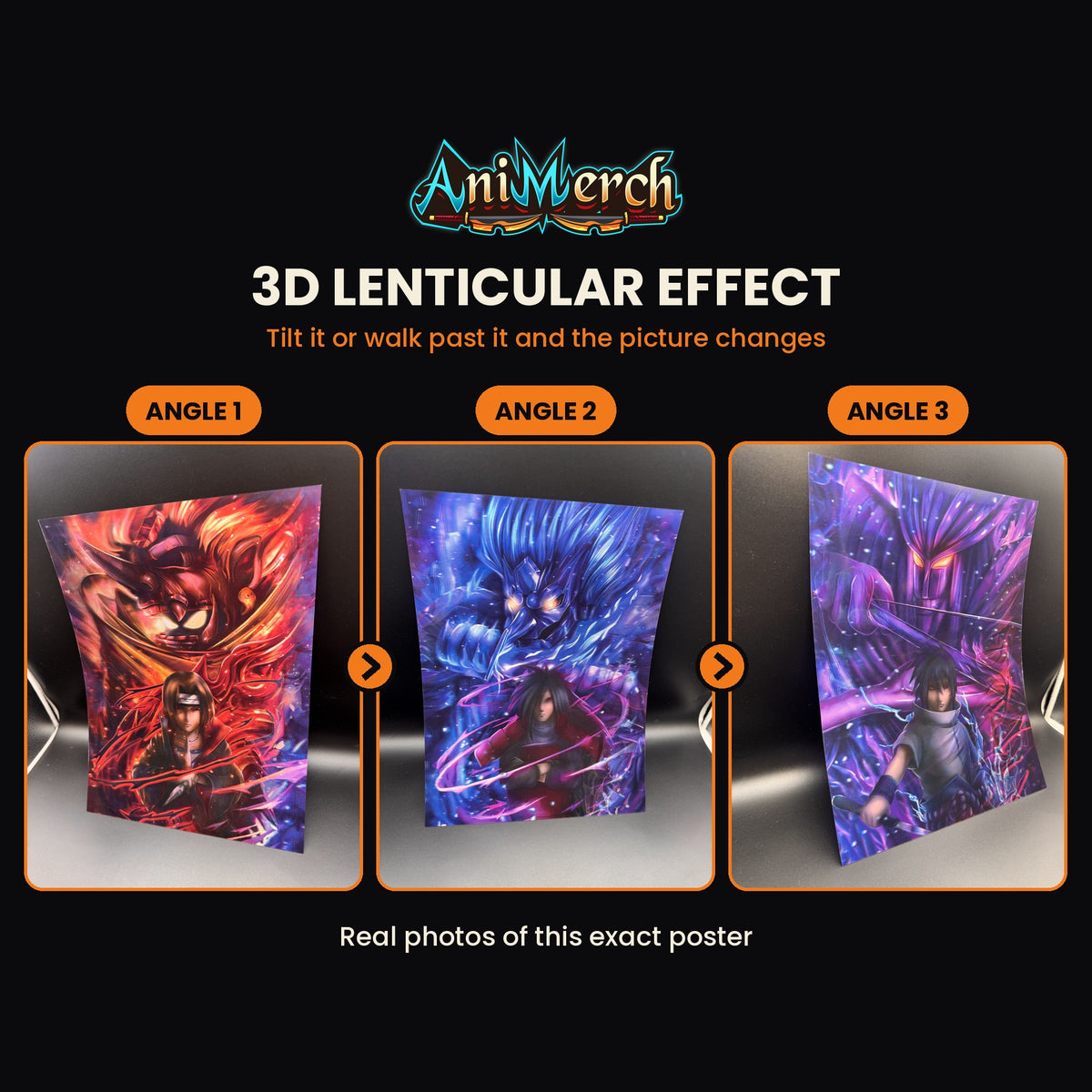 Naruto 3D Lenticular Poster #2 shown at three angles, the picture changing as it tilts