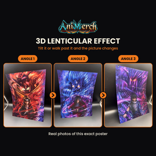Naruto 3D Lenticular Poster #2 shown at three angles, the picture changing as it tilts
