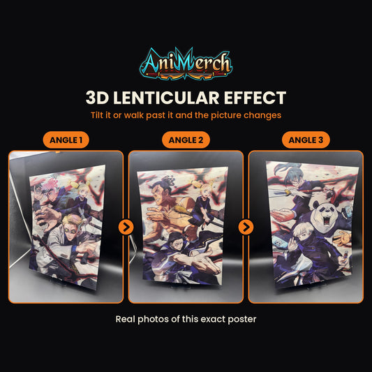 Jujutsu Kaisen 3D Lenticular Poster #28 shown at three angles, the picture changing as it tilts