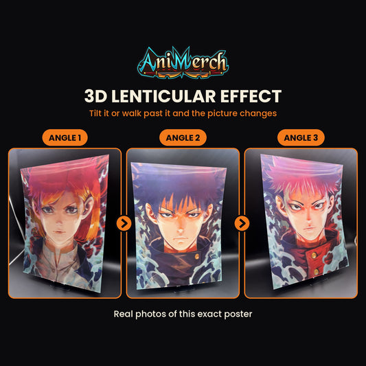 Jujutsu Kaisen 3D Lenticular Poster #29 shown at three angles, the picture changing as it tilts