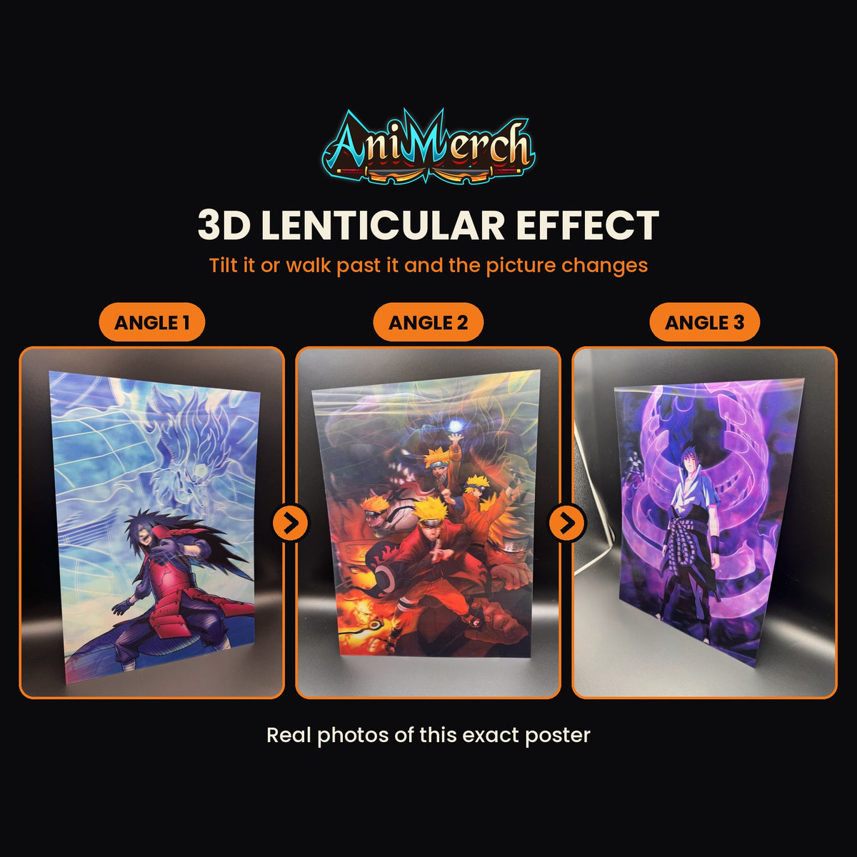 Naruto 3D Lenticular Poster #3 shown at three angles, the picture changing as it tilts