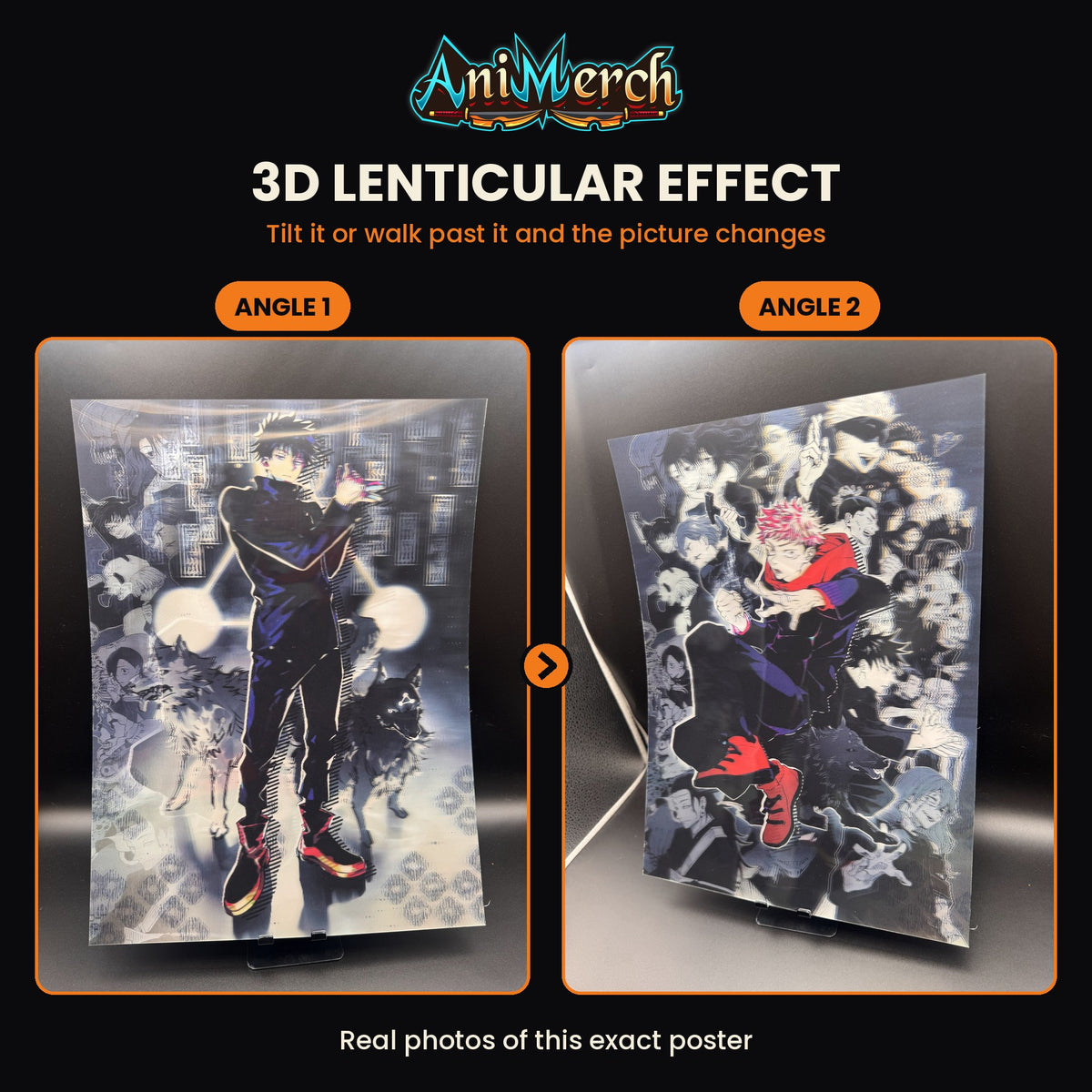 Jujutsu Kaisen 3D Lenticular Poster #30 shown at three angles, the picture changing as it tilts