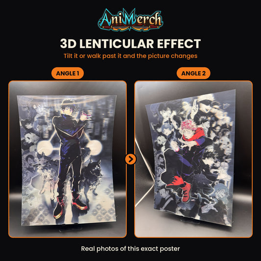 Jujutsu Kaisen 3D Lenticular Poster #30 shown at three angles, the picture changing as it tilts