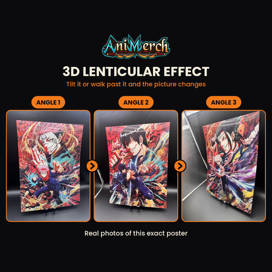 Jujutsu Kaisen 3D Lenticular Poster #31 shown at three angles, the picture changing as it tilts