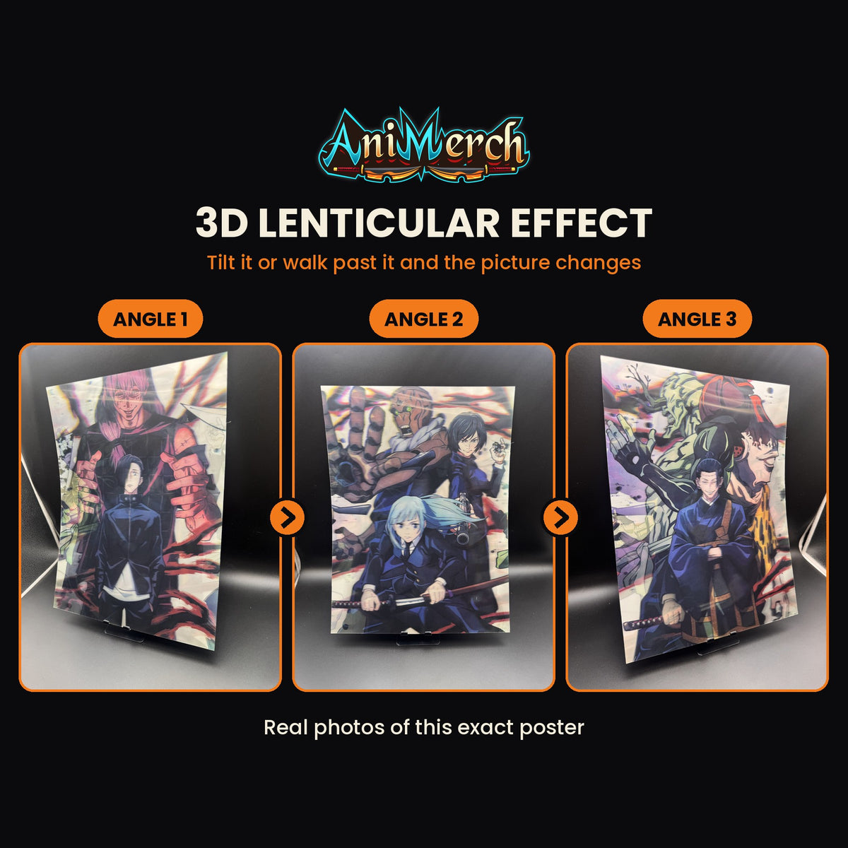 Jujutsu Kaisen 3D Lenticular Poster #32 shown at three angles, the picture changing as it tilts