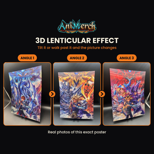 Yu-Gi-Oh! 3D Lenticular Poster #34 shown at three angles, the picture changing as it tilts