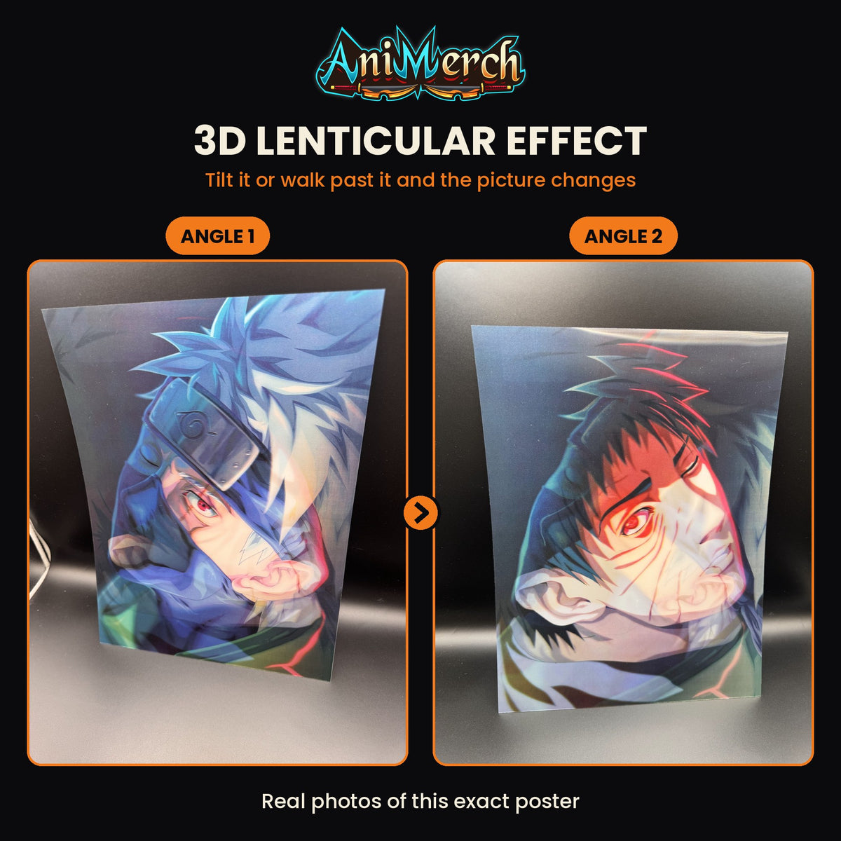 Naruto 3D Lenticular Poster #4 shown at three angles, the picture changing as it tilts