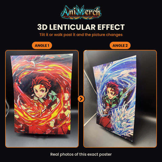 Demon Slayer 3D Lenticular Poster #40 shown at three angles, the picture changing as it tilts