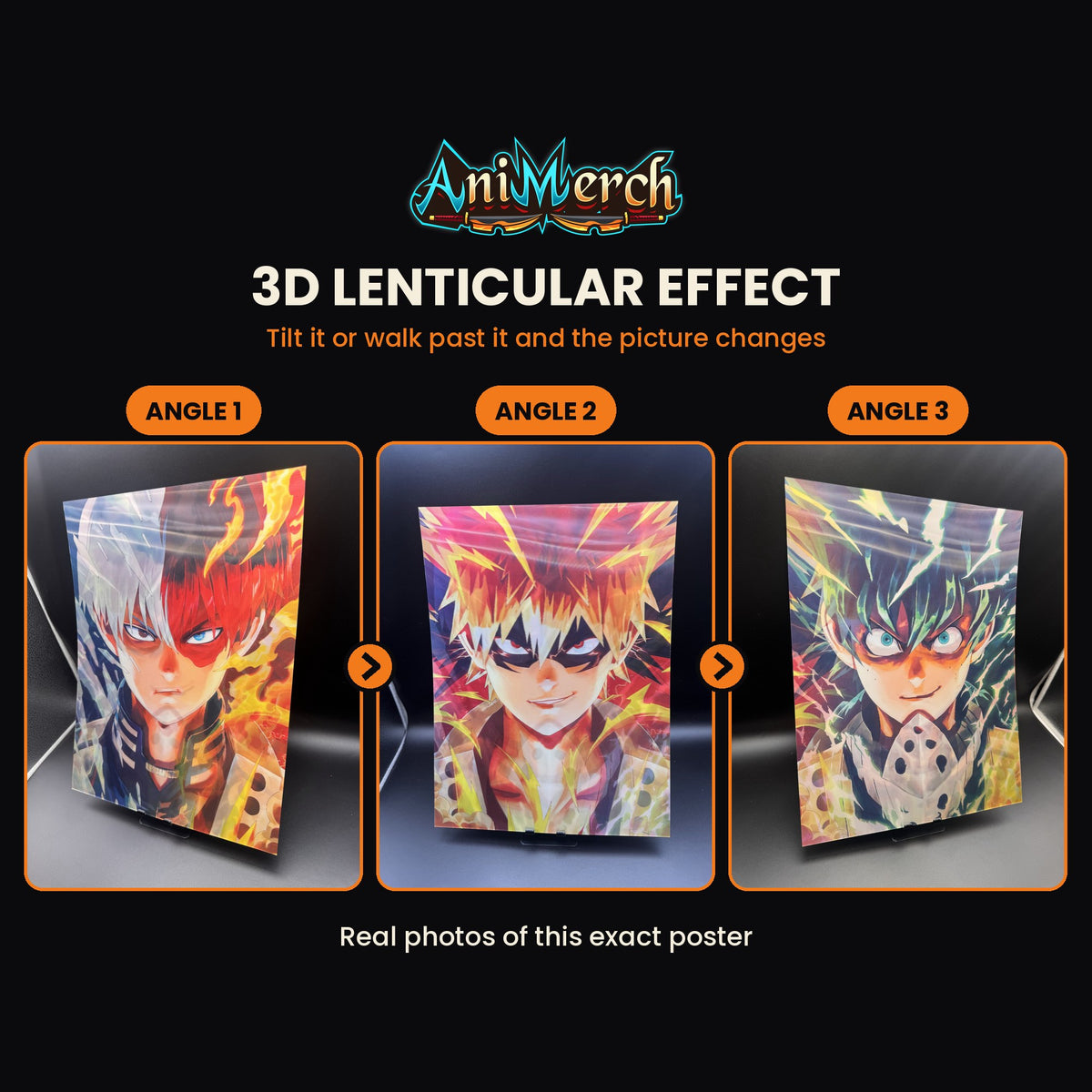 My Hero Academia 3D Lenticular Poster #41 shown at three angles, the picture changing as it tilts