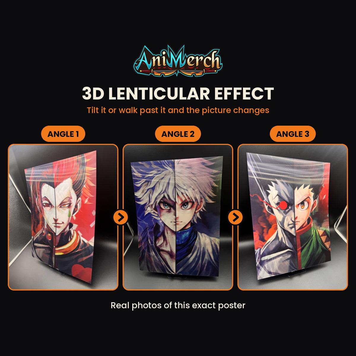 Hunter x Hunter 3D Lenticular Poster #42 shown at three angles, the picture changing as it tilts