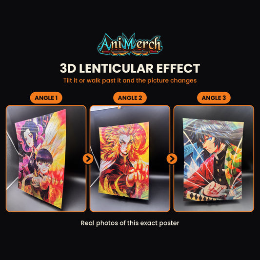 Demon Slayer 3D Lenticular Poster #43 shown at three angles, the picture changing as it tilts
