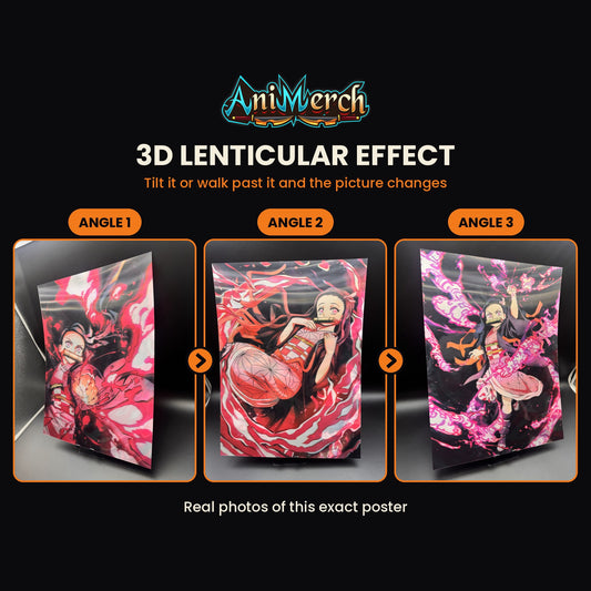 Demon Slayer 3D Lenticular Poster #44 shown at three angles, the picture changing as it tilts