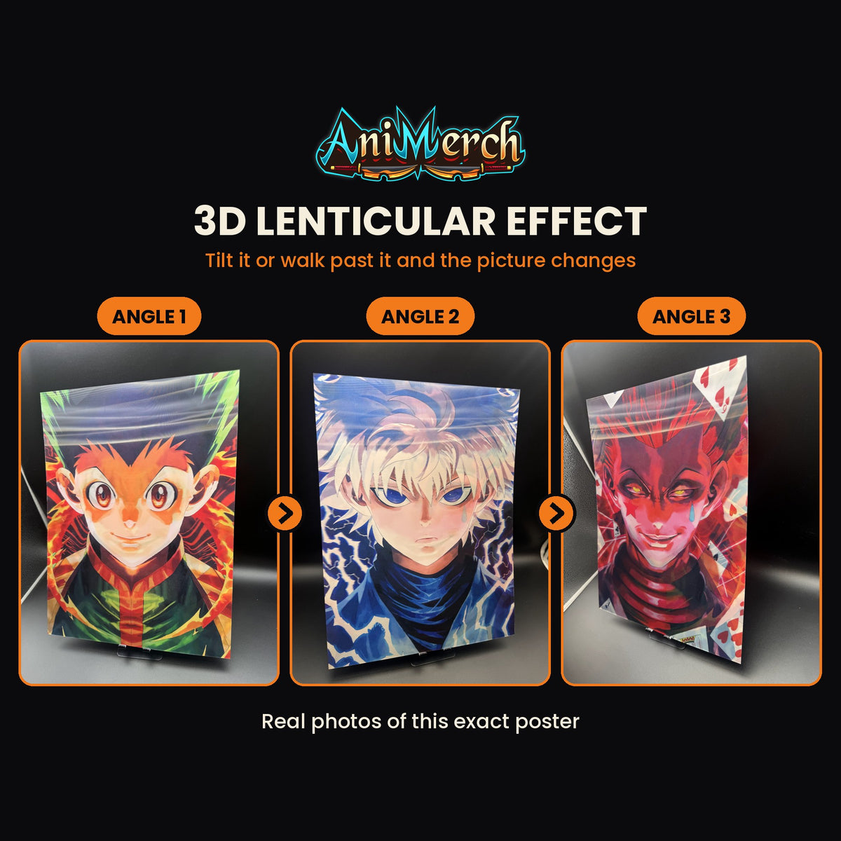 Hunter x Hunter 3D Lenticular Poster #45 shown at three angles, the picture changing as it tilts
