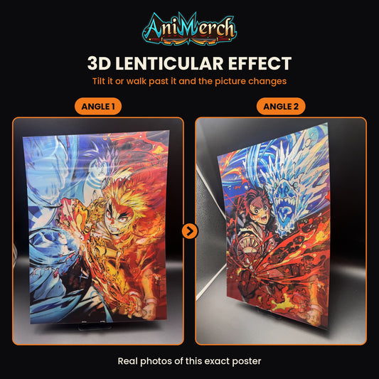 Demon Slayer 3D Lenticular Poster #46 shown at three angles, the picture changing as it tilts