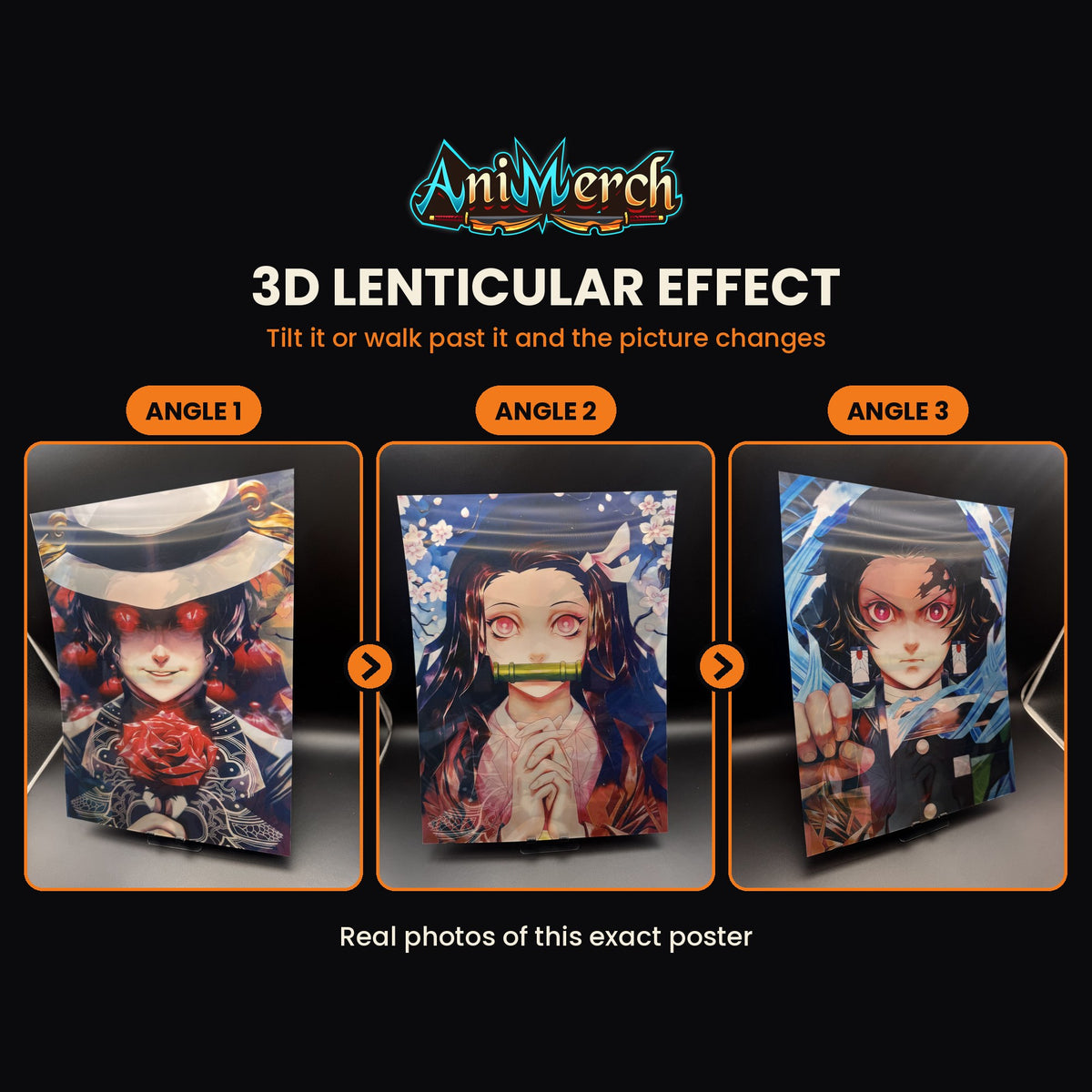 Demon Slayer 3D Lenticular Poster #47 shown at three angles, the picture changing as it tilts