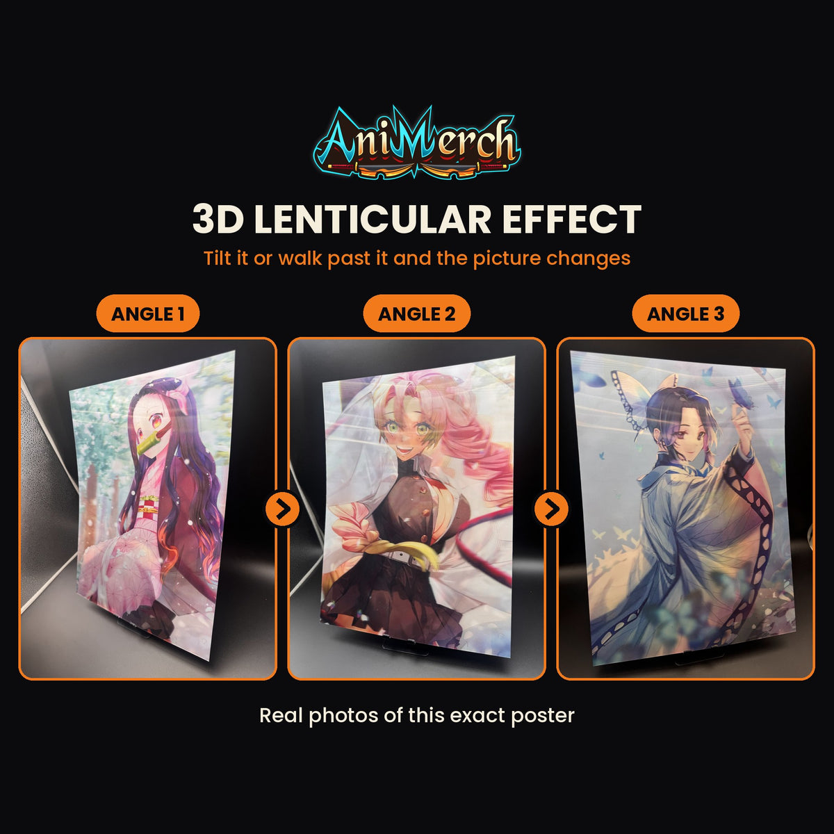 Demon Slayer 3D Lenticular Poster #48 shown at three angles, the picture changing as it tilts