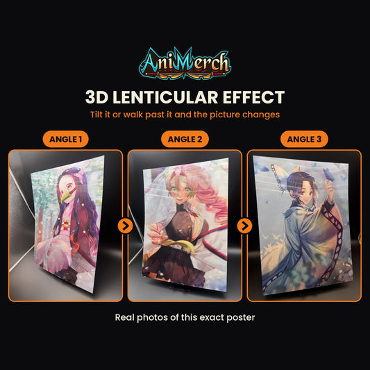 Demon Slayer 3D Lenticular Poster #48 shown at three angles, the picture changing as it tilts