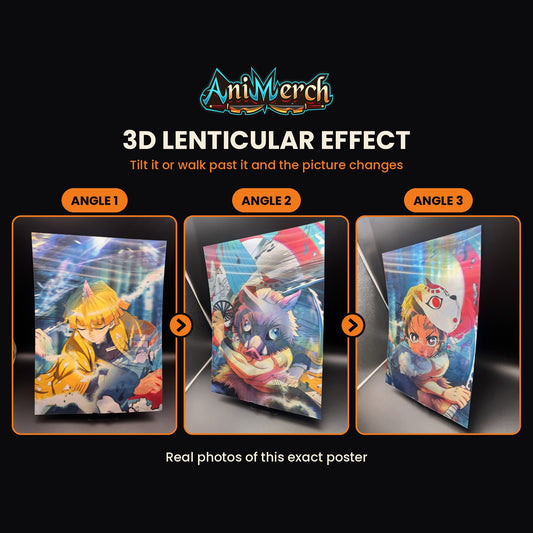 Demon Slayer 3D Lenticular Poster #49 shown at three angles, the picture changing as it tilts