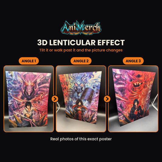 Naruto 3D Lenticular Poster #5 shown at three angles, the picture changing as it tilts