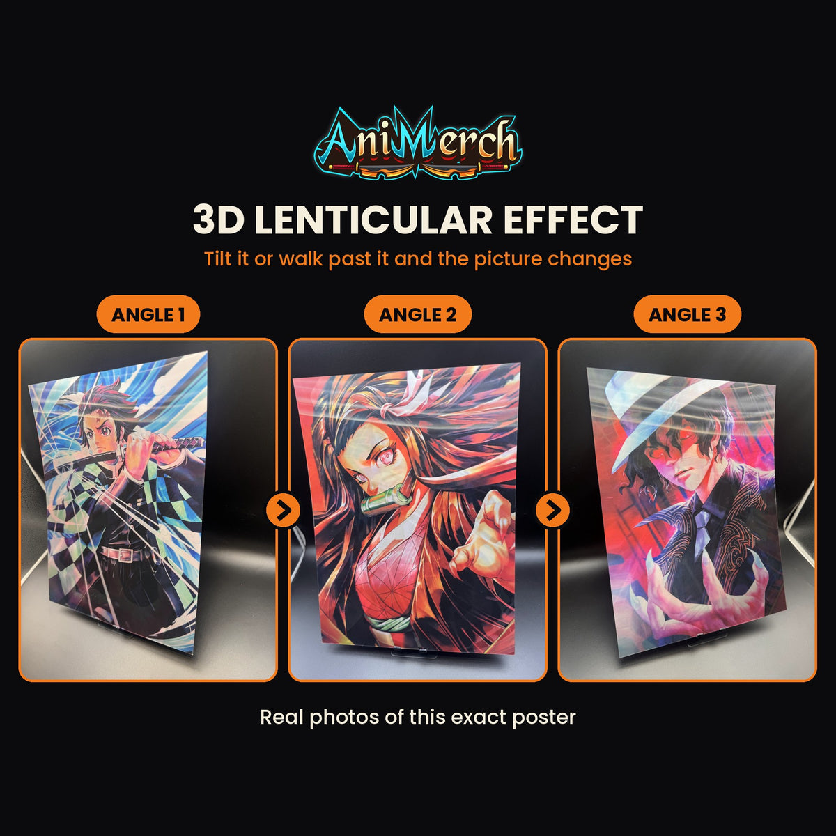 Demon Slayer 3D Lenticular Poster #50 shown at three angles, the picture changing as it tilts