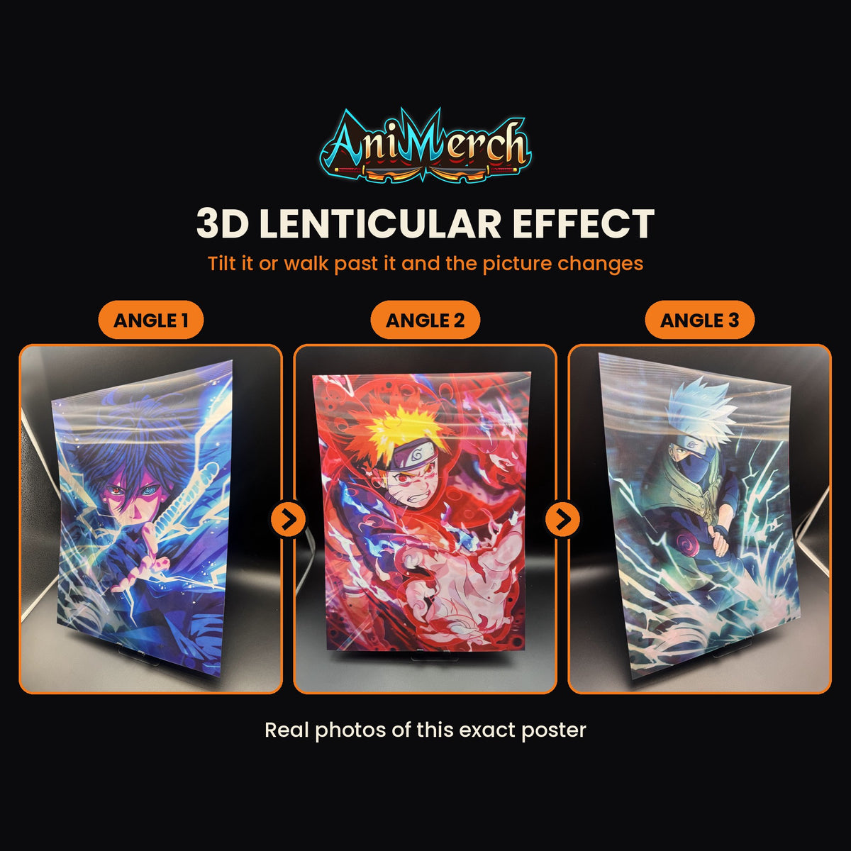 Naruto 3D Lenticular Poster #51 shown at three angles, the picture changing as it tilts