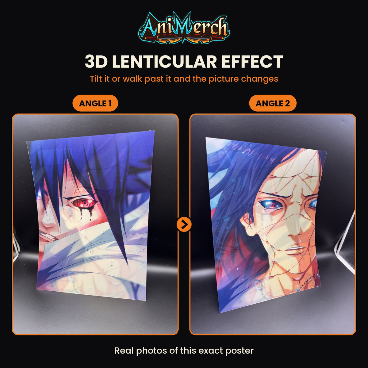 Naruto 3D Lenticular Poster #6 shown at three angles, the picture changing as it tilts