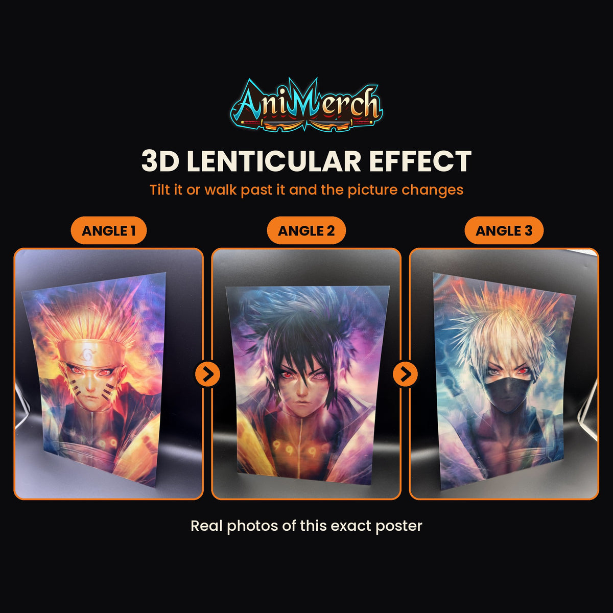 Naruto 3D Lenticular Poster #7 shown at three angles, the picture changing as it tilts