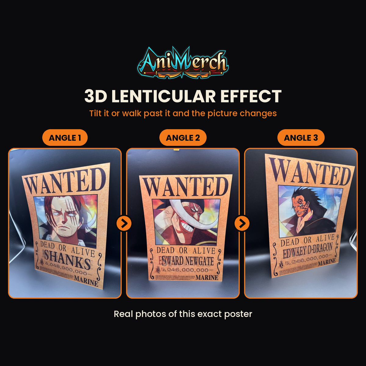 One Piece 3D Lenticular Poster #8 shown at three angles, the picture changing as it tilts