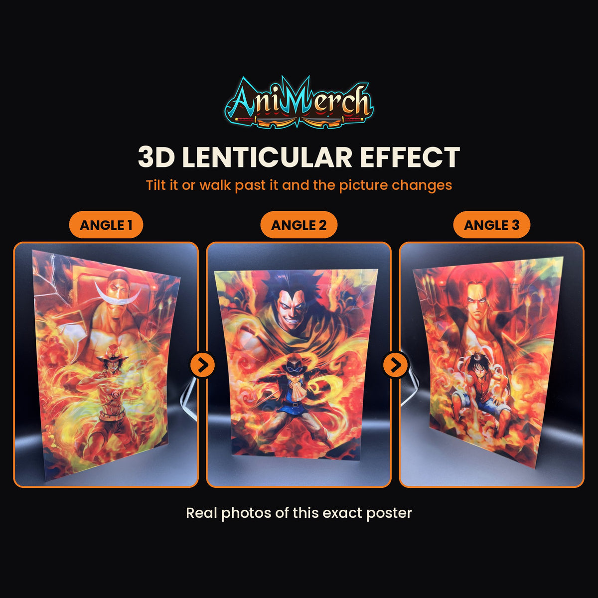 One Piece 3D Lenticular Poster #9 shown at three angles, the picture changing as it tilts